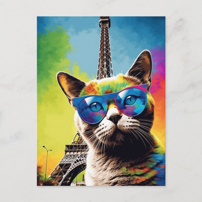 Colourful Cat in Paris Postcard (Front)