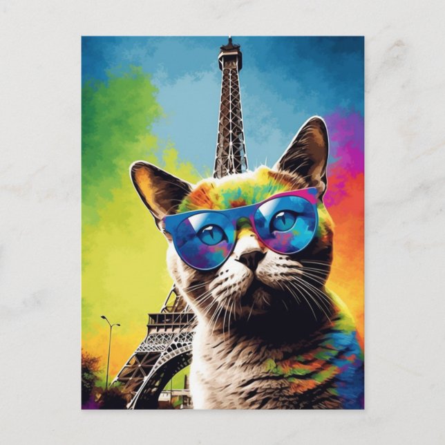 Colourful Cat in Sunglasses in Paris Postcard (Front)