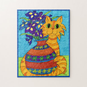Colourful Cat Irises Flowers Vase Cartoon Folk Art Jigsaw Puzzle