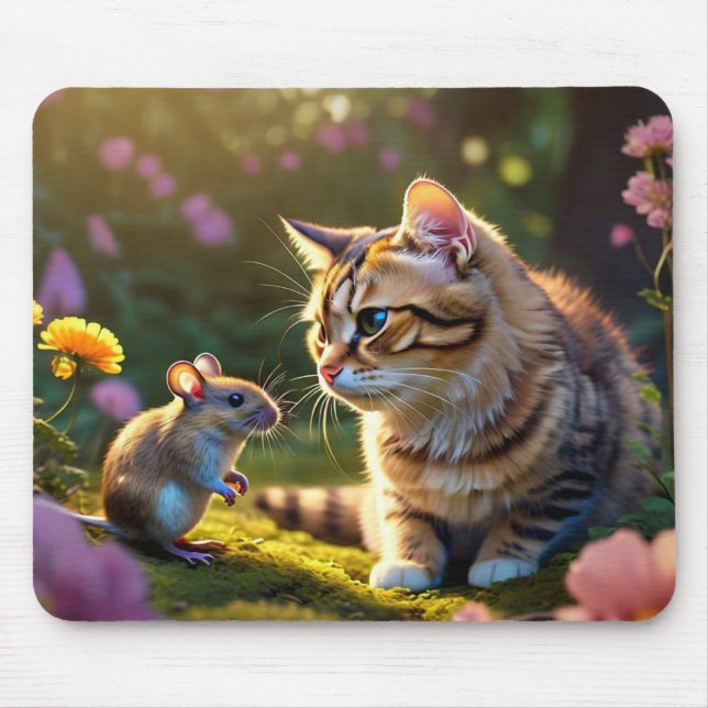Colourful Cat & Mouse with Flowers Mouse Pad (Front)