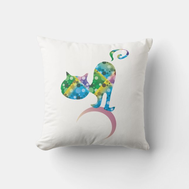 Colourful Cat On Crescent Moon Cushion (Front)