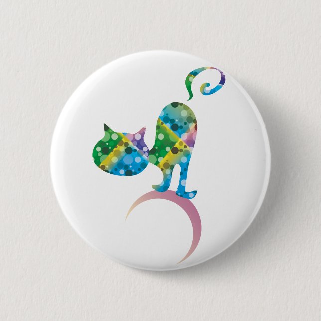 Colourful Cat On Crescent Moon Pinback Button (Front)
