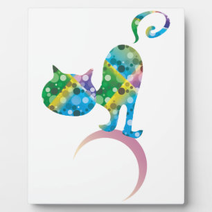 Colourful Cat On Crescent Moon Plaque