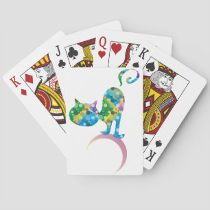 Colourful Cat On Crescent Moon Playing Cards