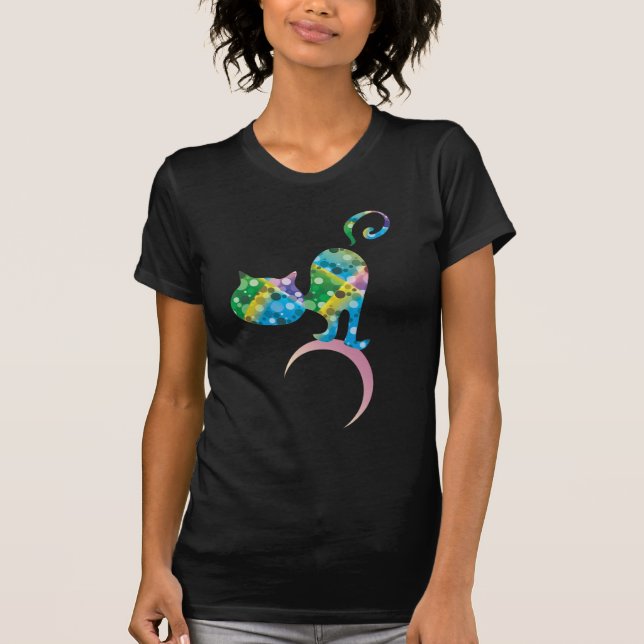 Colourful Cat On Crescent Moon T-Shirt (Front)