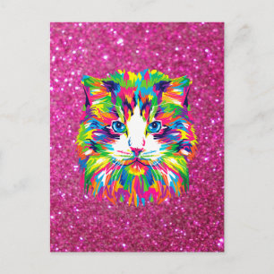 Colourful cat on sparkling background postcard