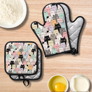 Colourful Cat Pattern Modern Kitty Lover  Oven Mitt & Pot Holder Set