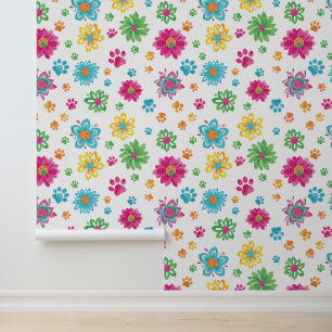 Colourful Cat Paw and Flower Pattern Wallpaper