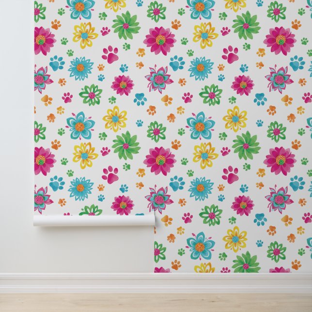 Colourful Cat Paw and Flower Pattern Wallpaper (Application)