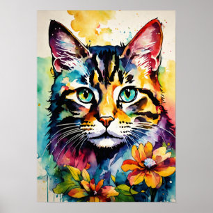 Colourful Cat Silhouette Watercolor Wall Poster
