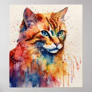 Colourful Cat Silhouette Watercolor Wall Poster