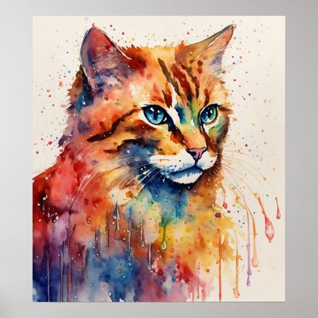 Colourful Cat Silhouette Watercolor Wall Poster (Front)
