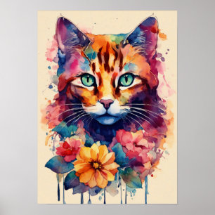 Colourful Cat Silhouette Watercolor Wall Poster