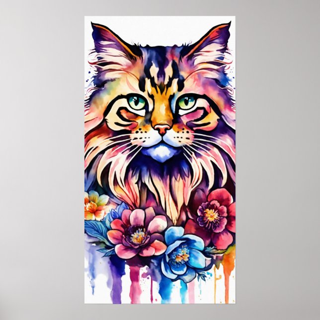 Colourful Cat Silhouette Watercolor Wall Poster (Front)