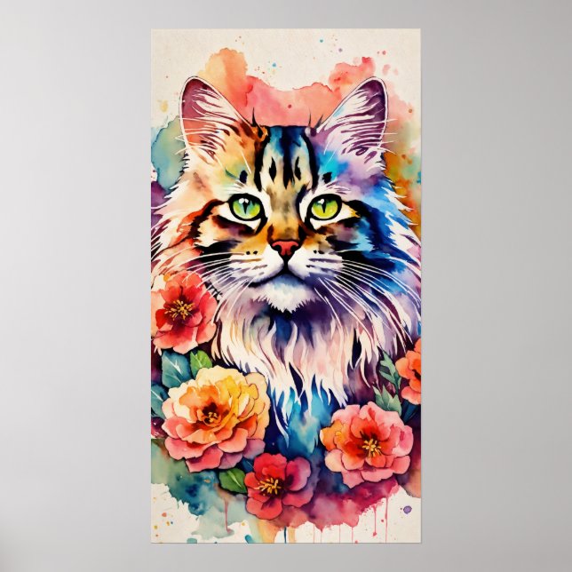 Colourful Cat Silhouette Watercolor Wall Poster (Front)