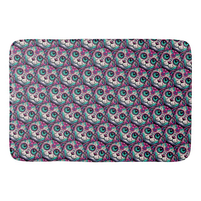 Colourful Cat Sugar Skull Bath Mat (Front)