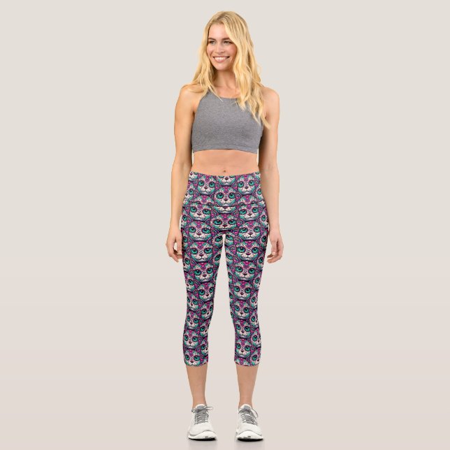 Colourful Cat Sugar Skull Capri Leggings (Front)