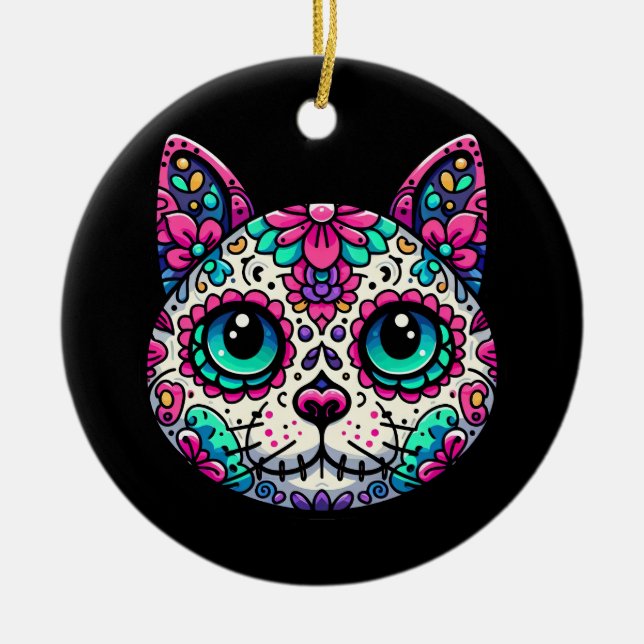 Colourful Cat Sugar Skull Ceramic Ornament (Front)