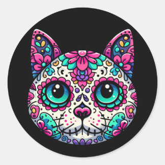 Colourful Cat Sugar Skull Classic Round Sticker