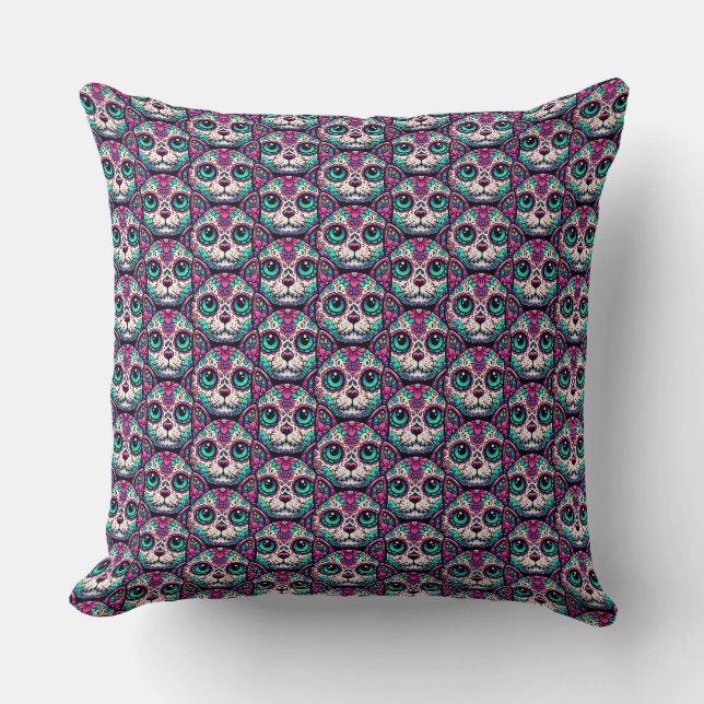 Colourful Cat Sugar Skull Cushion (Front)