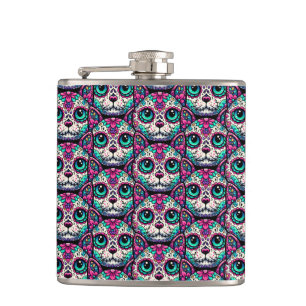 Colourful Cat Sugar Skull Hip Flask