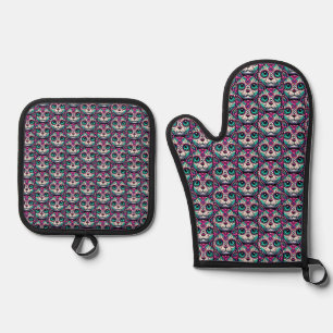 Colourful Cat Sugar Skull Oven Mitt & Pot Holder Set