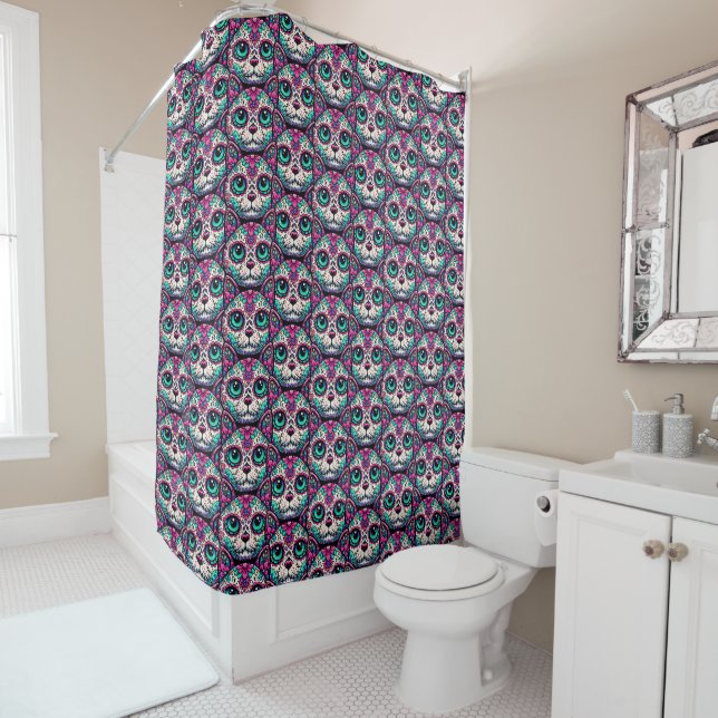 Colourful Cat Sugar Skull Shower Curtain (In Situ)