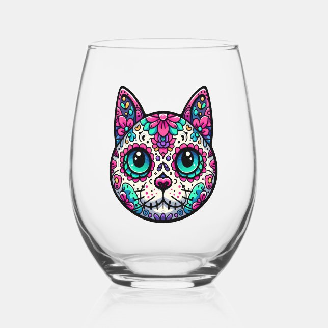 Colourful Cat Sugar Skull Stemless Wine Glass (Front)