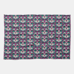 Colourful Cat Sugar Skull Tea Towel