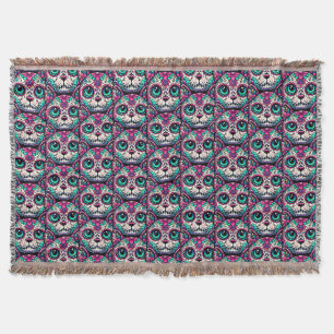 Colourful Cat Sugar Skull Throw Blanket