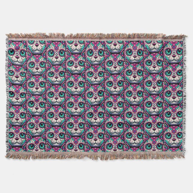 Colourful Cat Sugar Skull Throw Blanket (Front)