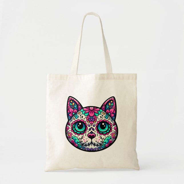 Colourful Cat Sugar Skull Tote Bag (Front)