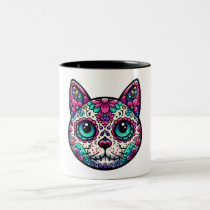 Colourful Cat Sugar Skull Two-Tone Coffee Mug