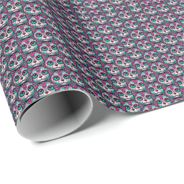 Colourful Cat Sugar Skull Wrapping Paper (Roll Corner)