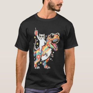 Colourful Cat T-Rex Party Rave EDM Festival Night T-Shirt