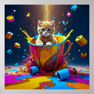 Colourful Cat-tastrophe: When Paint Meets Paws Poster