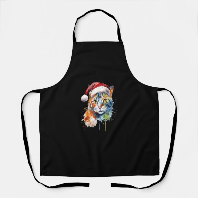 Colourful Cat Wears Santa Hat Kitten Ugly Christma Apron (Front)