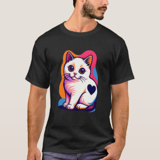 Colourful Cat with Heart Mark, Cute Pet Art Design T-Shirt
