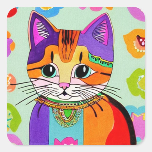 Colourful Cat with Whimsical Flowers Folk Art Square Sticker (Front)
