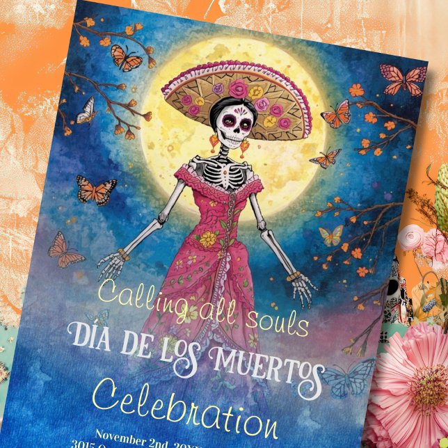 Colourful Catrina Under Full Moon Day of the Dead  Invitation (Vibrant Catrina under full moon with monarchs — Día de los Muertos folk art invitation.)