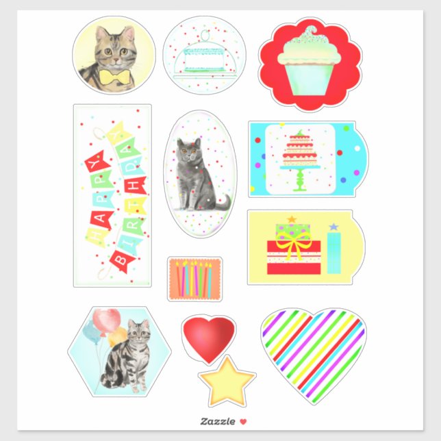 Colourful Cats and Cakes Birthday Stickers (Sheet)