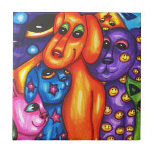 colourful cats and dogs abstract original art ceramic tile