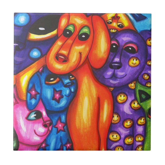 colourful cats and dogs abstract original art ceramic tile (Front)