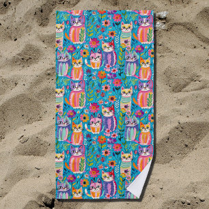 Colourful Cats and Flowers Whimsical Happy Beach Towel