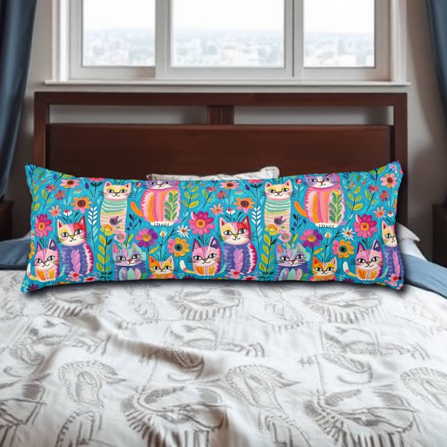 Colourful Cats and Flowers Whimsical Happy Body Cushion (Creator Uploaded)
