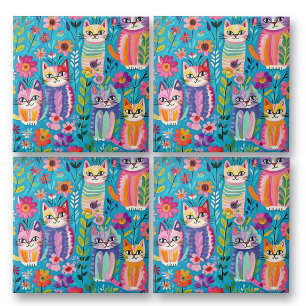 Colourful Cats and Flowers Whimsical Happy Ceramic Tile