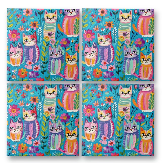Colourful Cats and Flowers Whimsical Happy Ceramic Tile (Creator Uploaded)