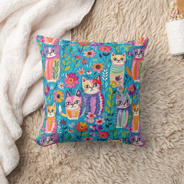 Colourful Cats and Flowers Whimsical Happy Cushion (Blanket)