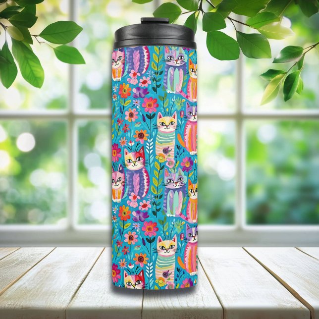 Colourful Cats and Flowers Whimsical Happy Thermal Tumbler (Creator Uploaded)