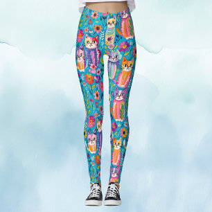 Colourful Cats and Flowers Whimsical  Leggings